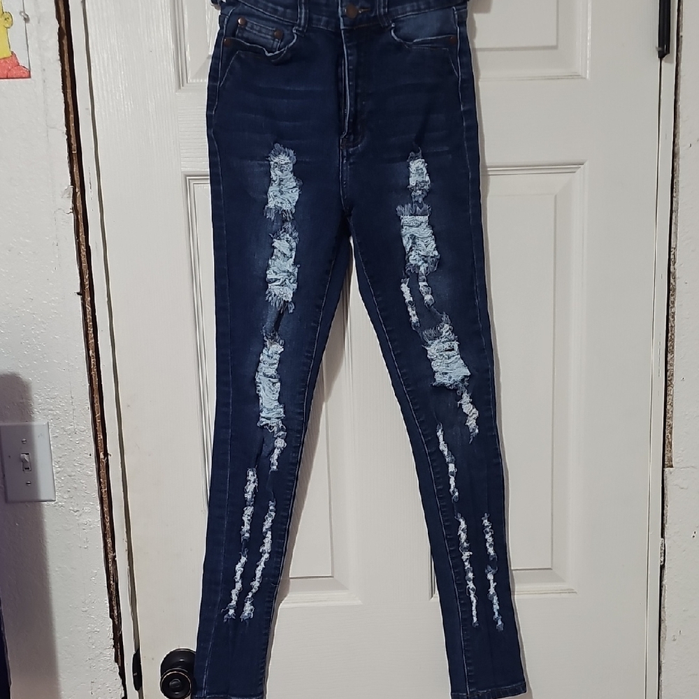 Fashion Nova Dark Blue Distressed Skinny Jeans